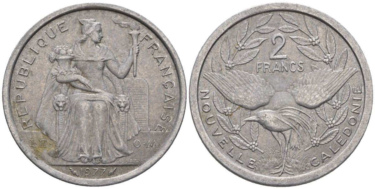 Французская Новая Каледония 2 франка 1977 птица кагу, (IEOM) KM 14, Schoen 11, Lec 58 алюминий    08-711
