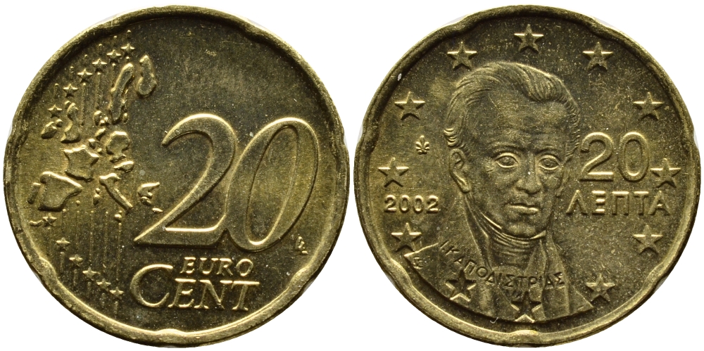 ГРЕЦИЯ 20 ЕВРОЦЕНТОВ 2002 KM 185 латунь 4390-1145