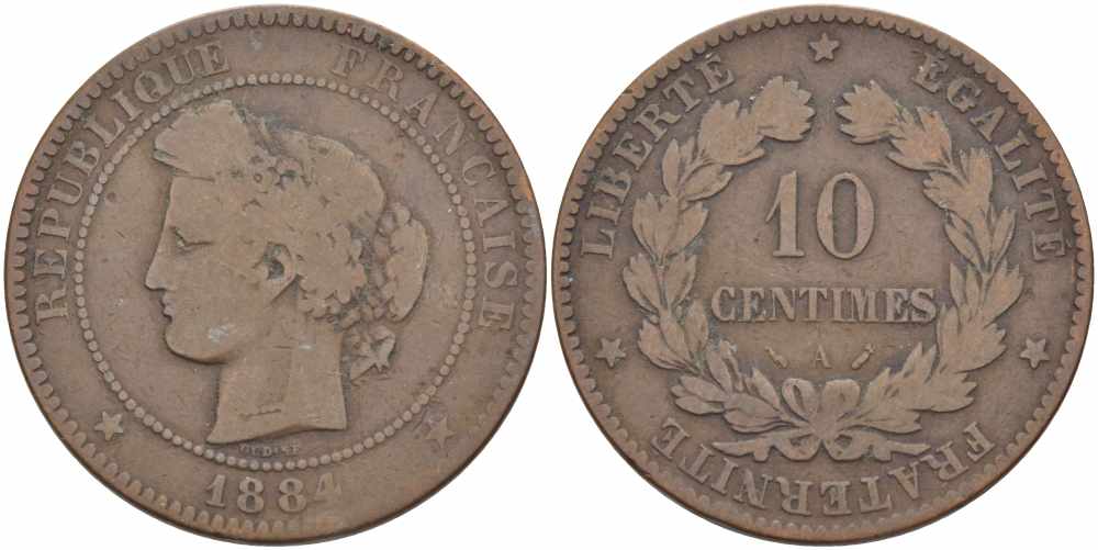 ФРАНЦИЯ 10 САНТИМОВ 1884 A, ТРЕТЬЯ РЕСПУБЛИКА (1871-1940) KM 815.1, LA FRANC 135.28 бронза 97-845