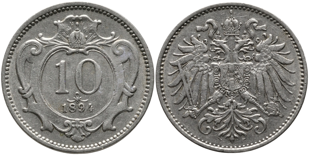 АВСТРИЯ 10 ГЕЛЛЕРОВ 1894 KM 2802 никель 4387-1239