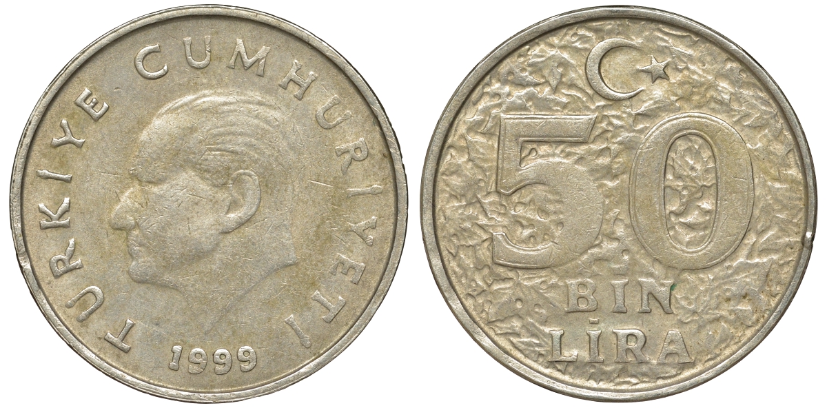 Турция 50000 лир 1999 Кемаль Ататюрк KM 1056 медь никель цинк 4168-1121