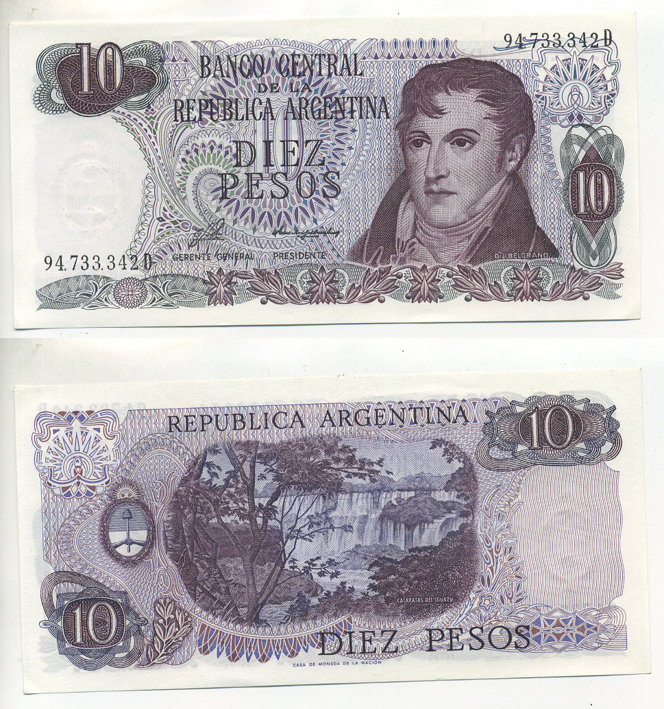 АРГЕНТИНА 10 ПЕСО 1975 СЕРИЯ D 94733, МАНУЭЛЬ БЕЛЬГРАНО Pick 295 бумага UNC (ПРЕСС) 6299-29-1