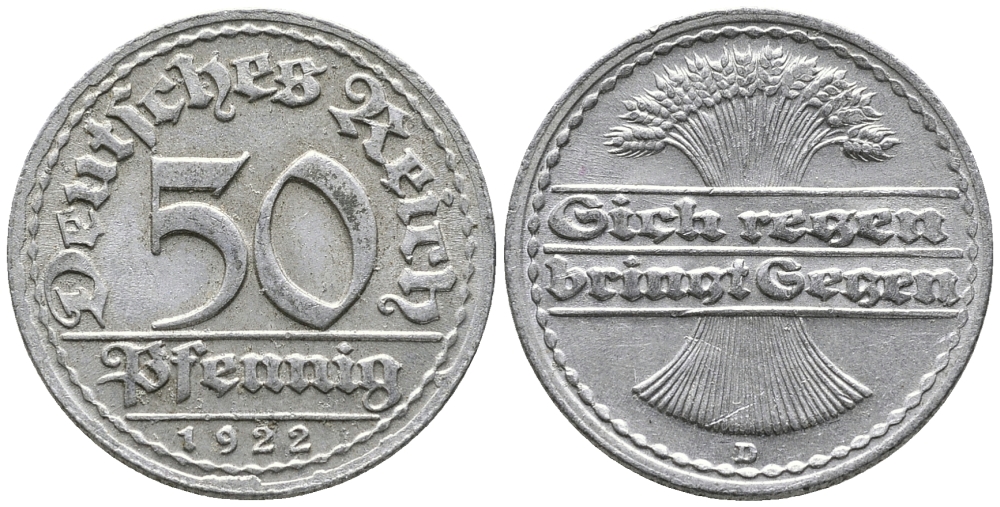 ГЕРМАНИЯ 50 ПФЕННИГОВ 1922 D KM 27, J. 301 алюминий 24-1112