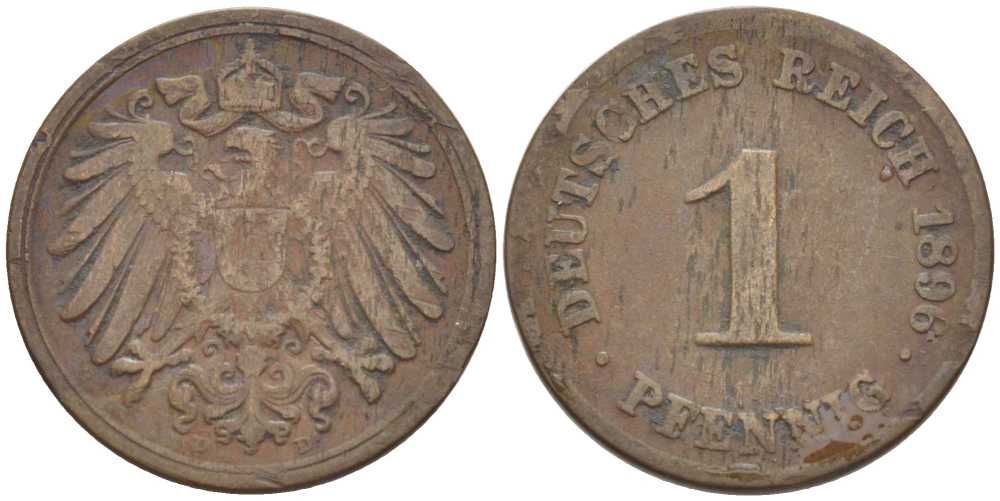ГЕРМАНИЯ 1 ПФЕННИГ 1896 D KM 10, J. 10, Weege 2 медь 211-217
