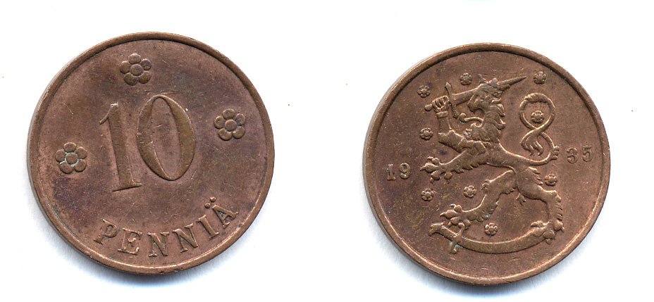 Финляндия 10 пенни 1935 республика (1918-1962) KM 24 медь 51-5457