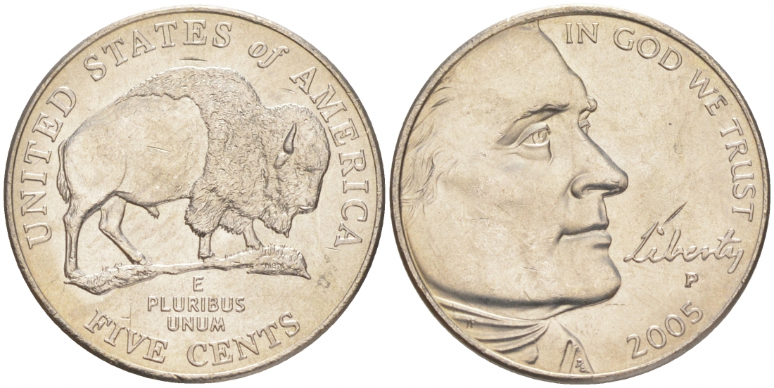 США 5 ЦЕНТОВ 2005 P, СЕРИЯ 200 ЛЕТ ЭКСПЕДИЦИИ ЛЬЮИСА И ЛАРКА - БИЗОН, ИЗ РОЛЛА KM 368 медно- никель UNC M32-13