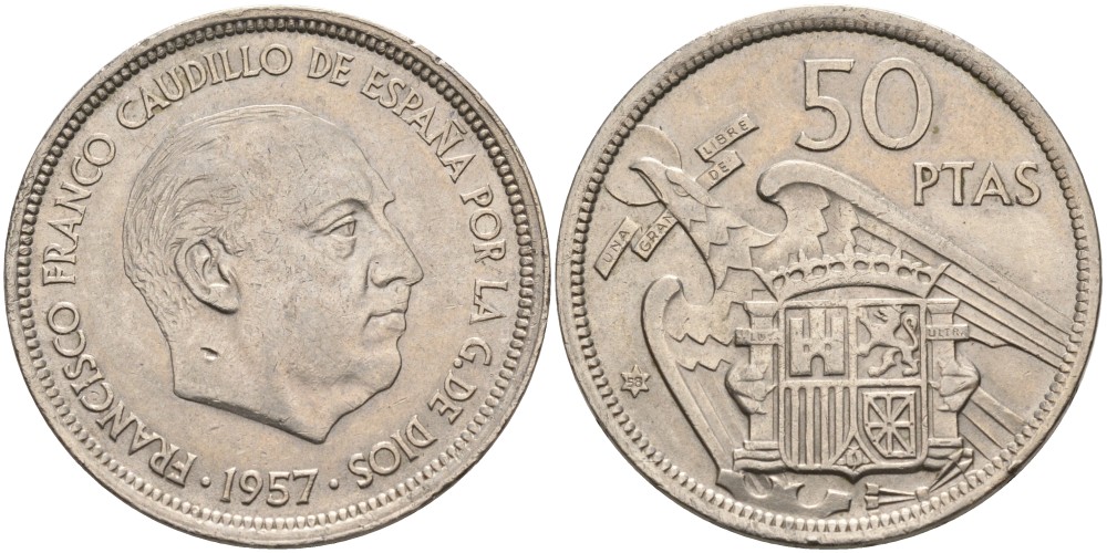 Испания 50 песет 1957 (58) Франсиско Франко (1939-1975) KM 788 медно-никель 189-921