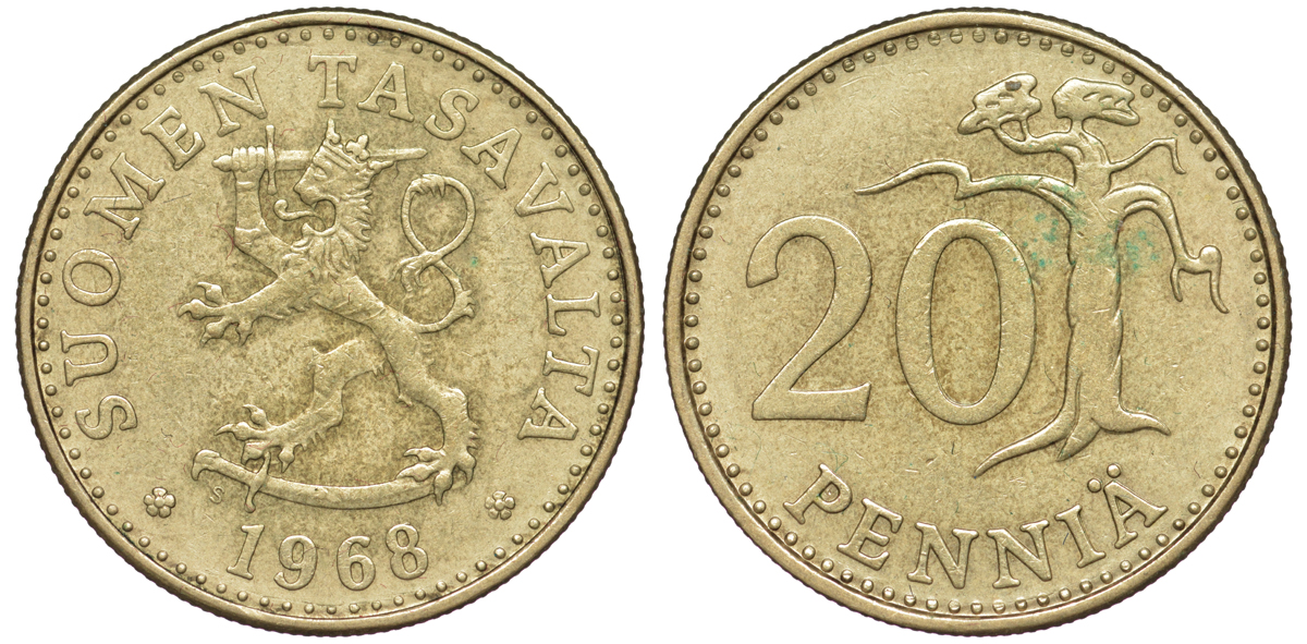 Финляндия 20 пенни 1968 S KM 47 алюминиевая бронза 259-525