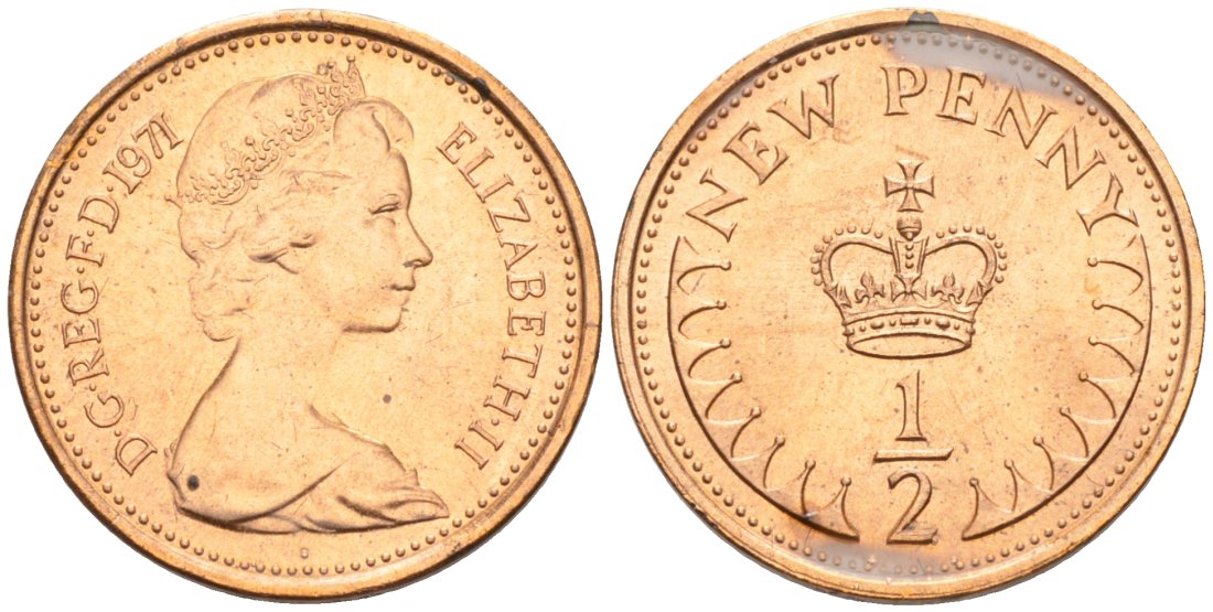 Великобритания 1/2 пенни 1971 Елизавета II (1952-2022), в лаке KM 914, Spink 4239 бронза 92-646