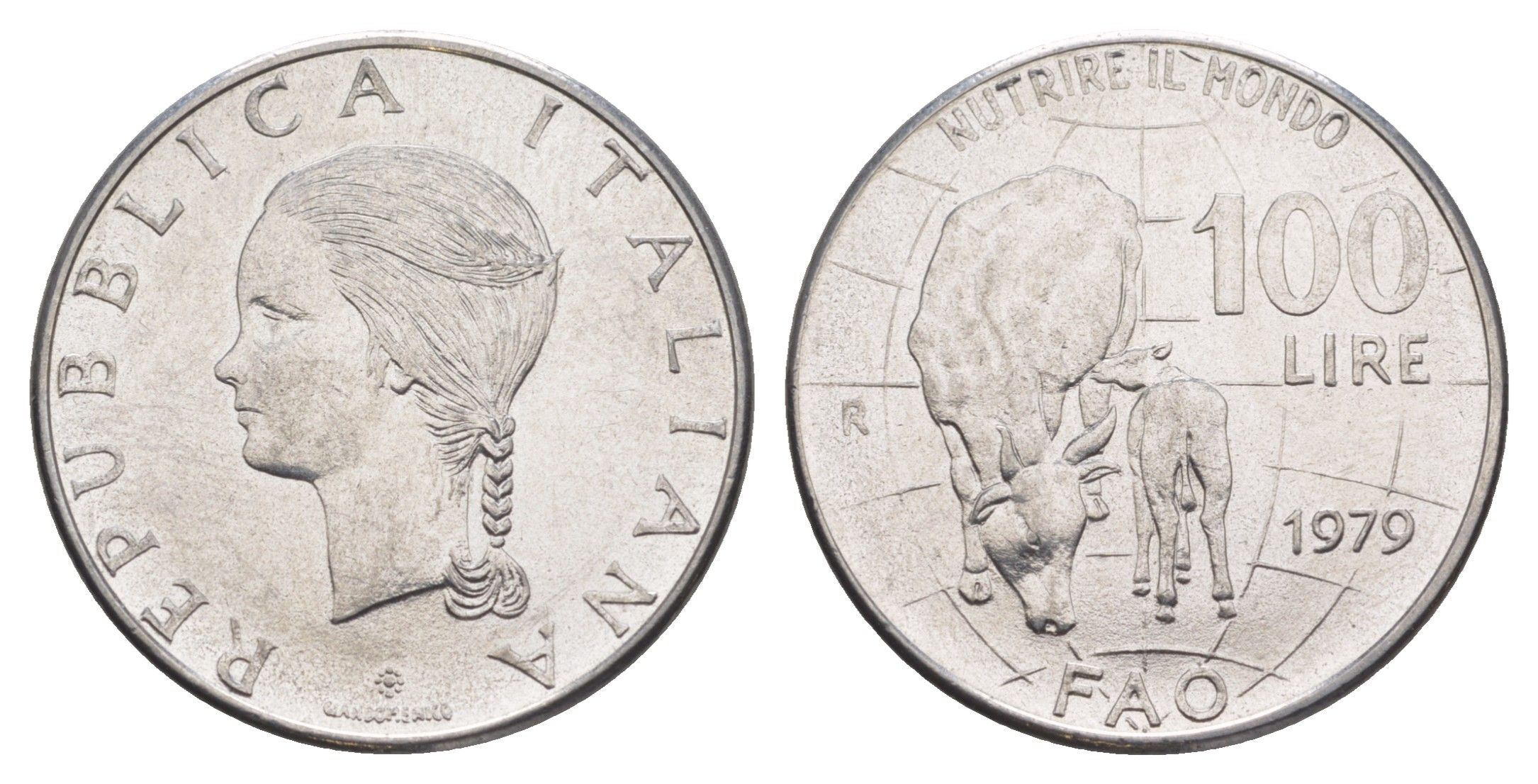 Италия 100 лир 1979 Продовольственная программа - ФАО KM 106 нержавеющая сталь UNC 4633-611