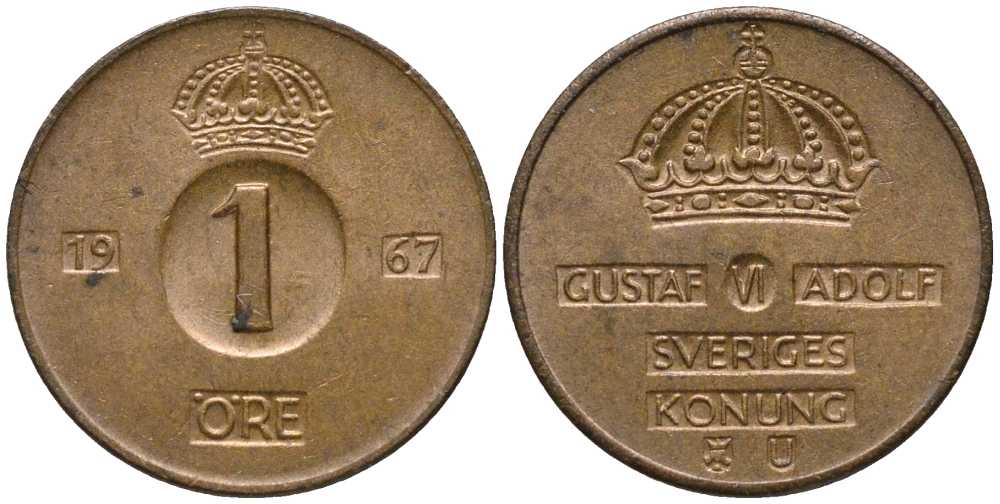 Швеция 1 эре 1967 U, Густав VI Адольф (1950-1973) KM 820 бронза 201-1157