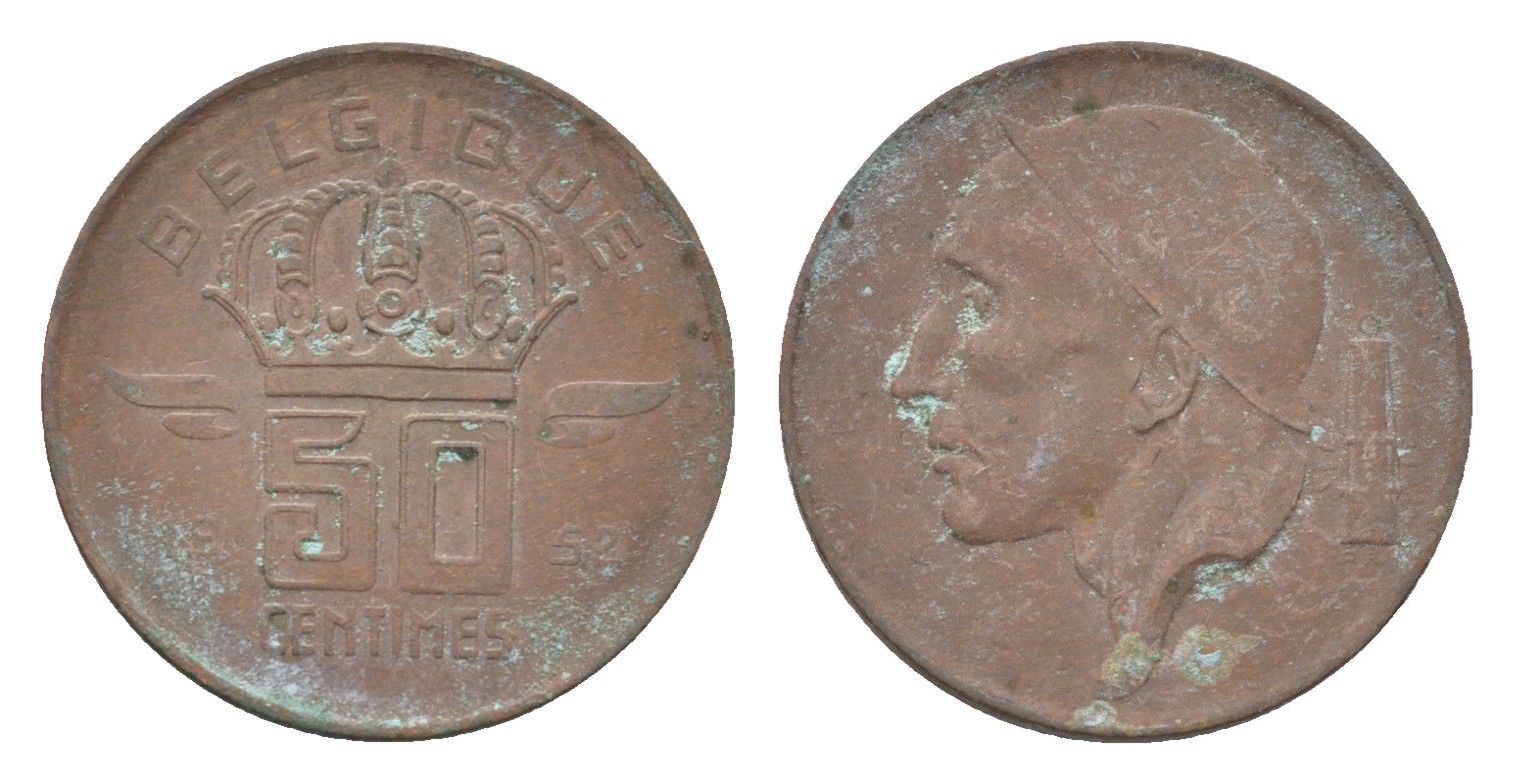 Бельгия 50 сантимов 1952 Belgique, Бодуэн I (1951-1993) KM 148 бронза 4705-219