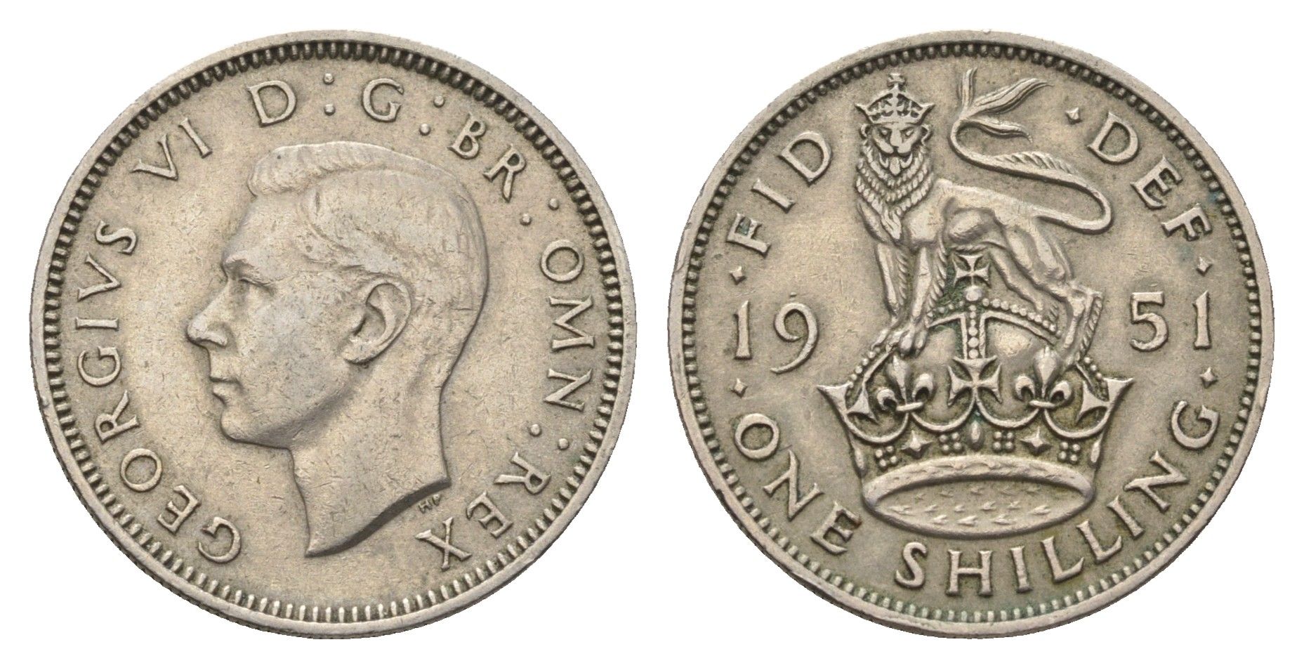 Великобритания 1 шиллинг 1951 Георг VI (1936-1952), Английский герб KM 876, Spink 4108 медно-никель 4695-732
