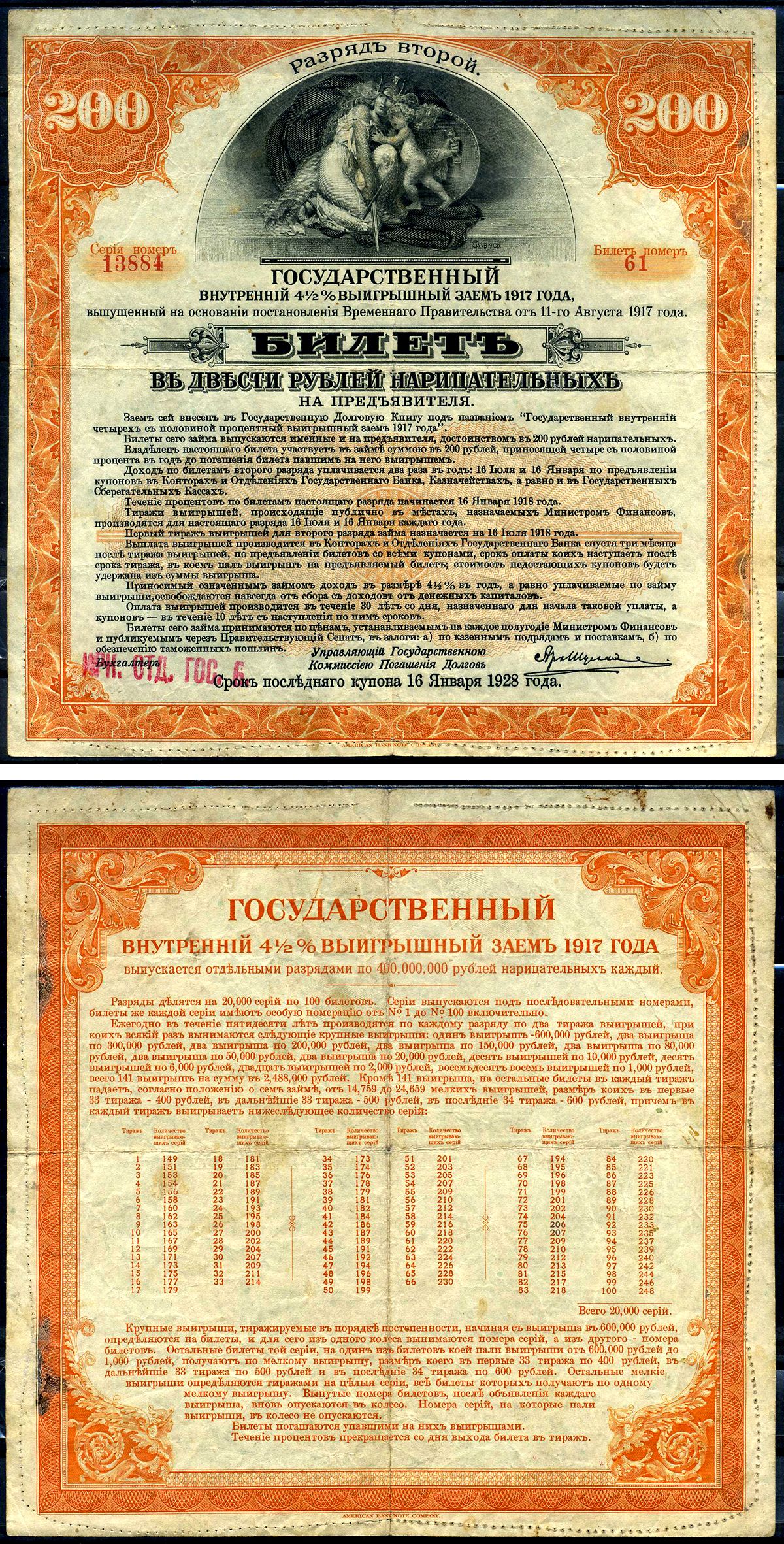 Россия государственный внутренних 4 1/2% выигрышных заемов в 200 рублей 1917 Иркусткое отделение госбанка, Разряд II (оранжевый), билет Kардаков 11.3.43 бумага 438-29-1-2