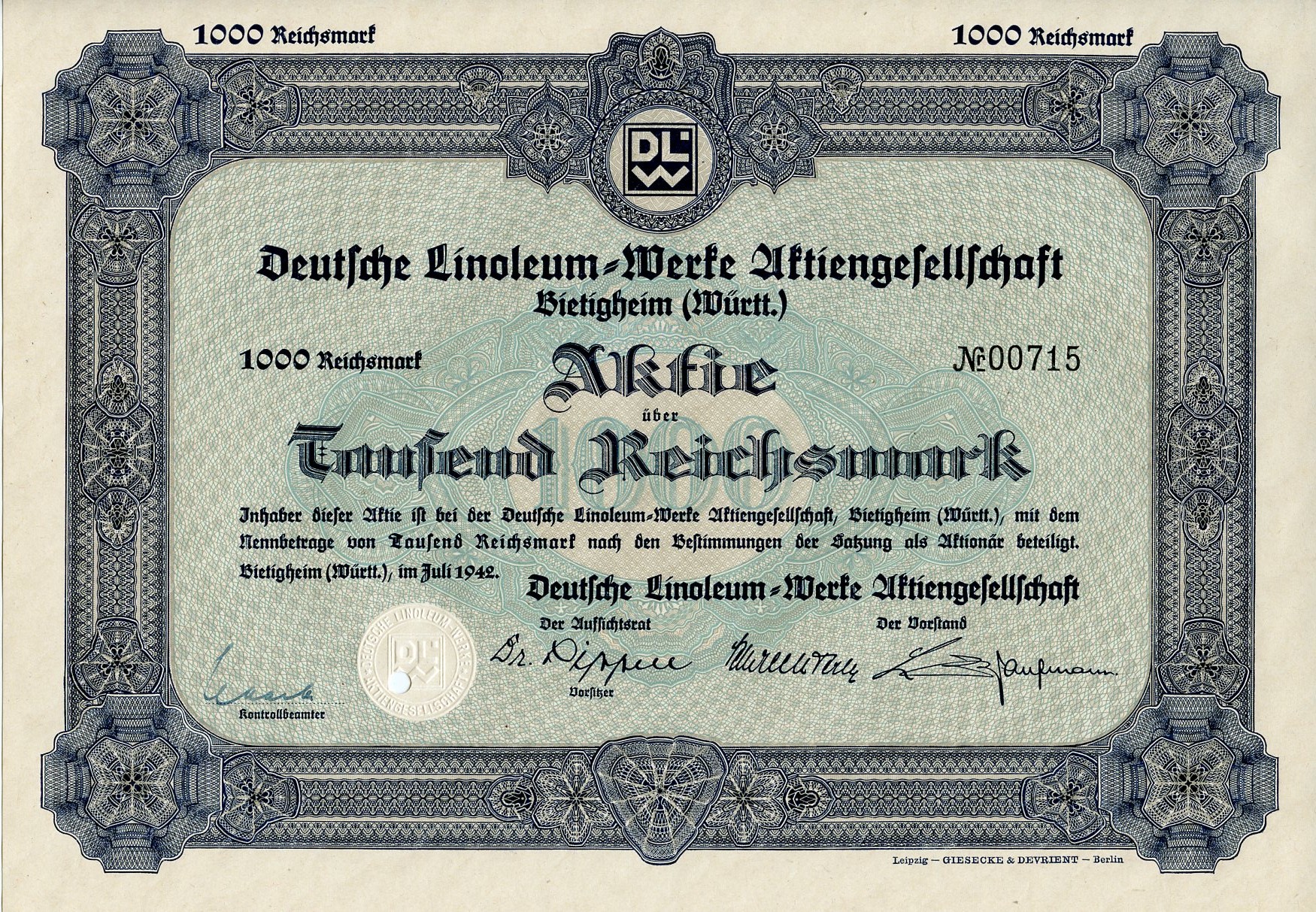 Германия 1000 рейхсмарок 1942 АО Немецкий линолеум-Верке, Битигхайм, акция   бумага  8804-121-1