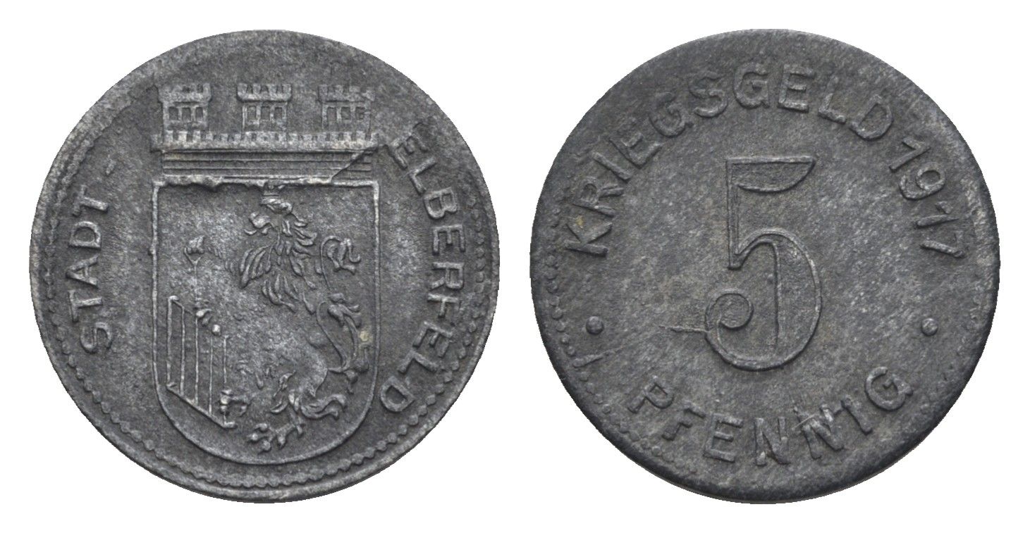 Эльберфельд 5 пфеннигов 1917 Funck 111.1, Men05 6413.1, Men18 8040.1 цинк 4516-457