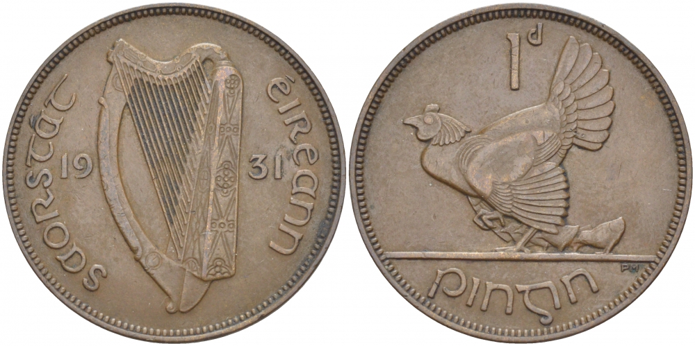 Ирландия 1 пенни 1931 курица с цыплятами KM 3 бронза 215-135