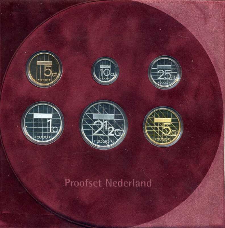 Нидерланды набор из 6 монет 2000 официальный набор в буклете с сертификатом, королева Беатрикс биметалл PROOF 2-5-1-39