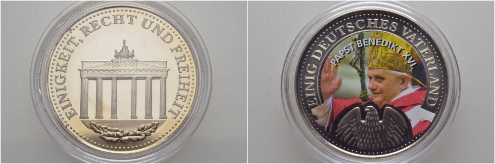 ГЕРМАНИЯ МЕДАЛЬ ND СЕРИЯ ОБЪЕДИНЕННАЯ ГЕРМАНИЯ, ПОНТИФИК БЕНЕДИКТ XVI, ЦВЕТНАЯ ЭМАЛЬ, ДИАМЕТР 40 ММ., ВЕС 28 ГР., СЕРТИФИКАТ медно-никель PROOF 01-150-42