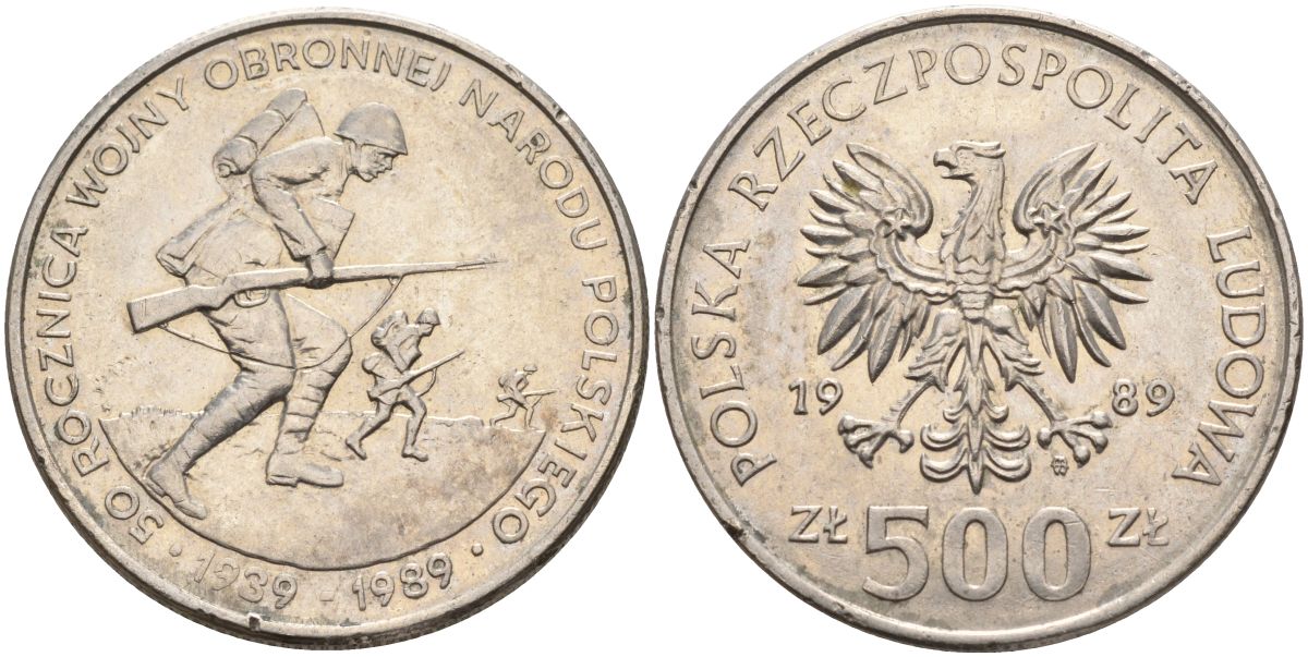 Польша 500 злотых 1989 MW, 50 лет начала второй мировой войны, поляки на фронтах KM 185, Parchimowicz 335 медно-никель 4162-913