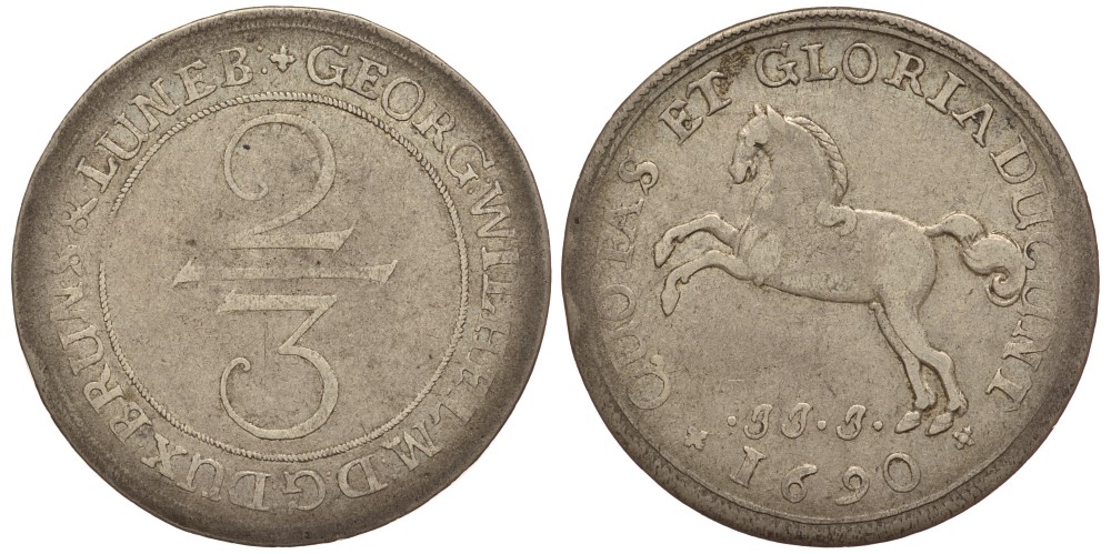 БРАУНШВЕЙГ-ЛЮНЕБУРГ-ЦЕЛЛЕ 2/3 ТАЛЕРА 1690 JJJ Dav. 367, Welter 1590, KM 331 серебро 02-251-35