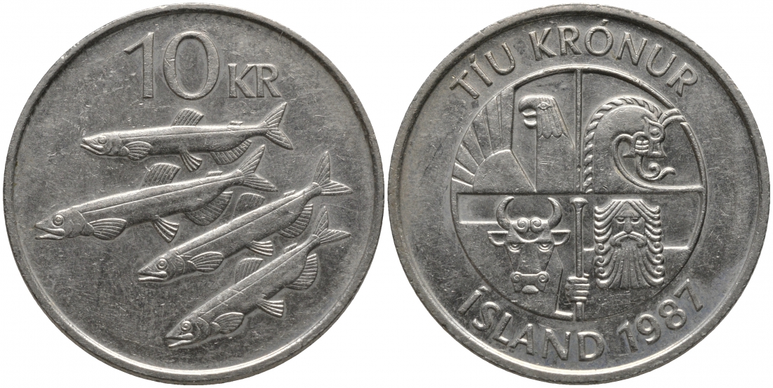 Исландия 10 крон 1987 РЫБЫ KM 29.1 медно-никель 181-642