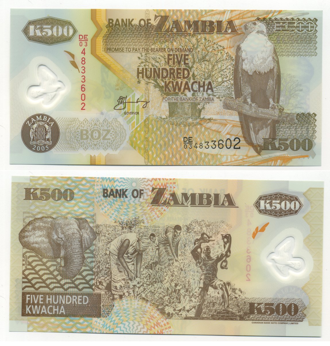 Замбия 500 квач 2005 орлан крикун, слон, сбор хлопка Pick 44 d пластик UNC (пресс) 7204-32-1