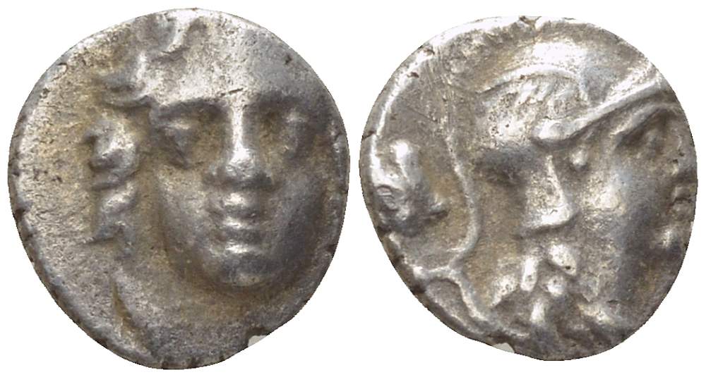 Писидия, Селге тригемиобол II век до н.э. голова Аполлона / голова Афины, слева астрагал, 0,95 гр BMC 19,259,28 серебро 1073-11-95
