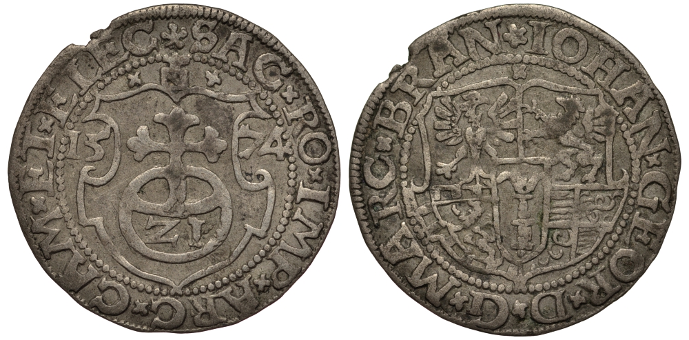 Бранденбург-Пруссия 1/21 талера 1574 Йоханн Георг (1571-1598), вес 2,07 гр. Saurma 4790 серебро 1516-225