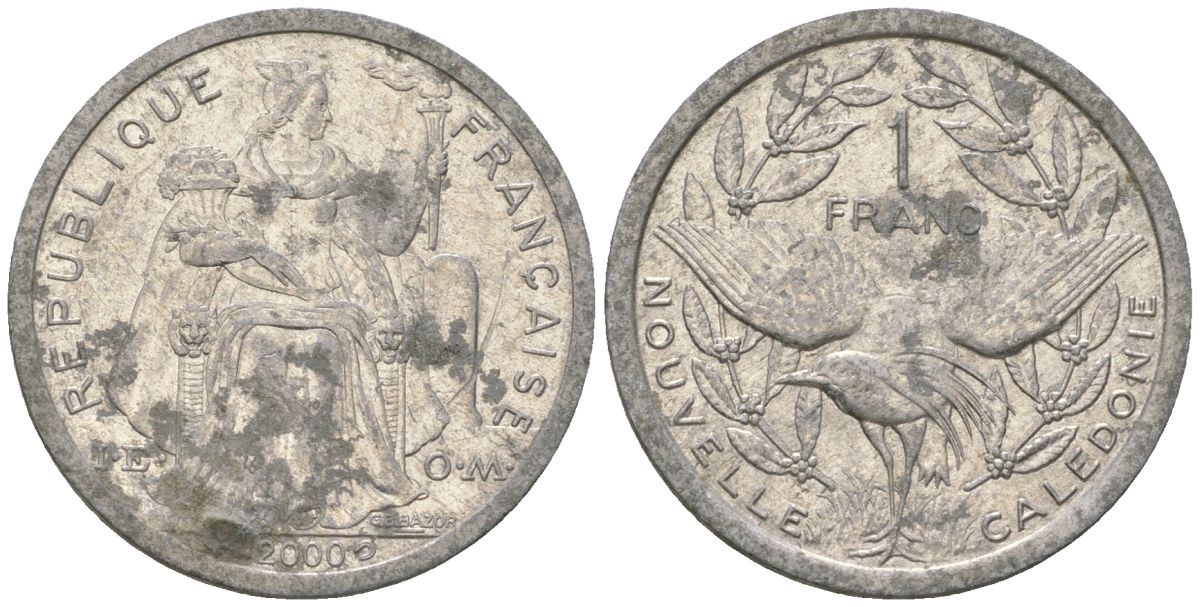 Французская Новая Каледония 1 франк 2000 птица кагу, (IEOM) KM 10, Schoen 10, Lec 52e алюминий 41-1137