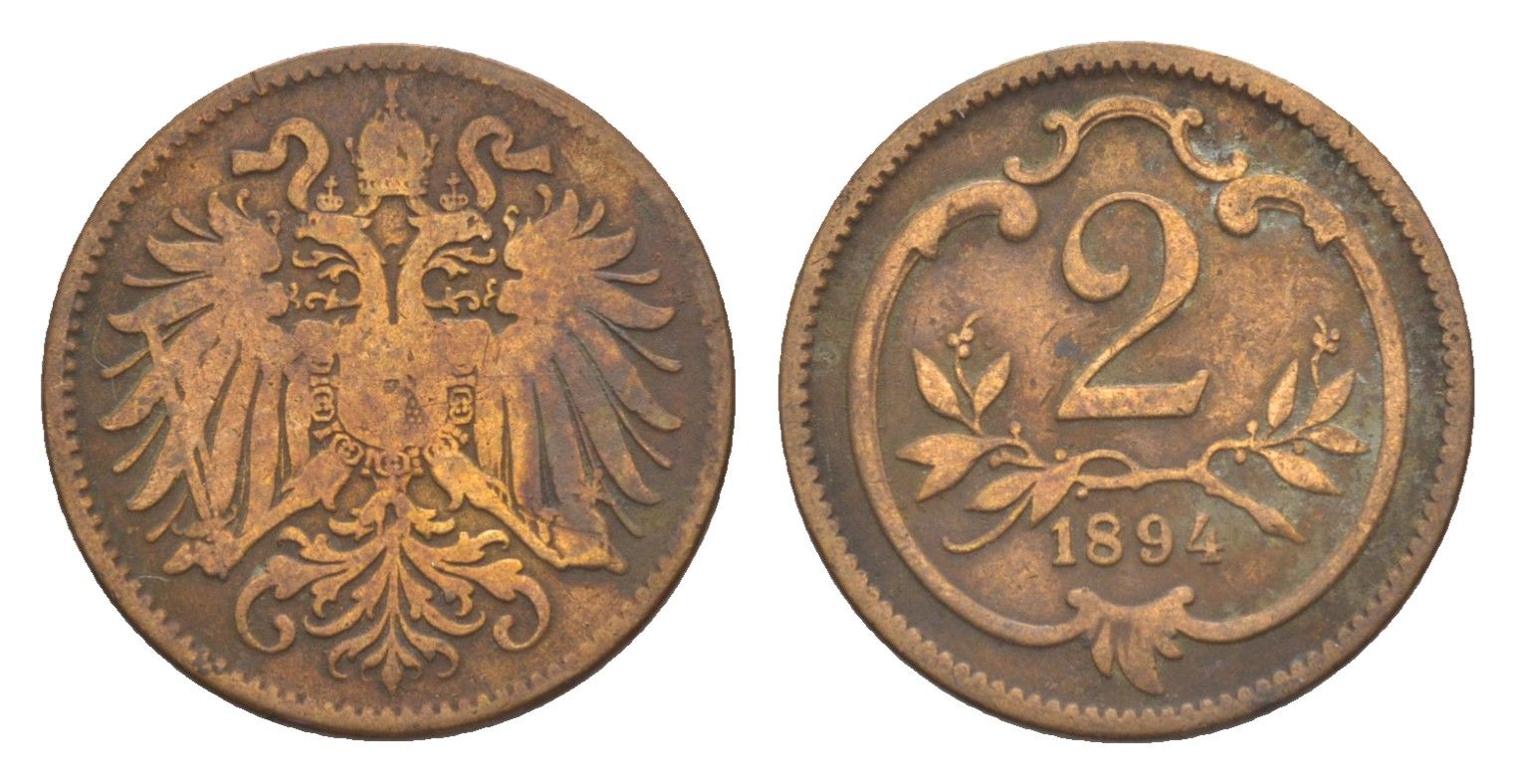 Австрия 2 геллера 1894 Франц Иосиф I (1848-1916) KM 2801 бронза 4639-968