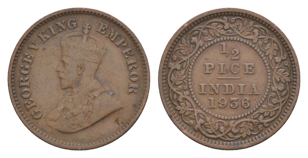 Британская Индия 1/2 пайса 1936 Георг V (1910-1936) KM 510 бронза 4632-726