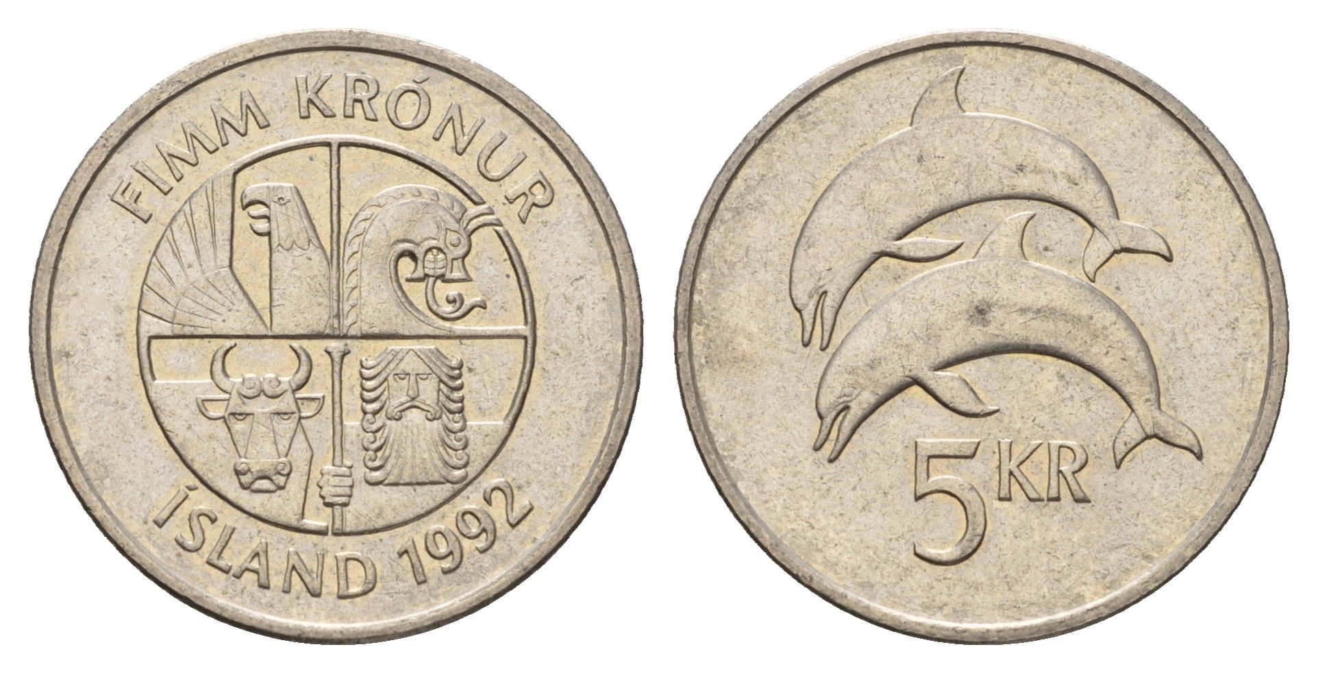 Исландия 5 крон 1992 дельфины KM 28 медно-никель 4691-412