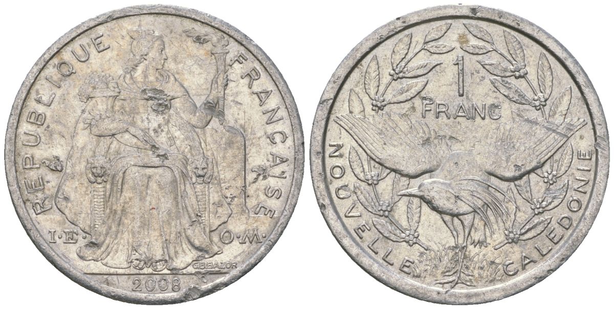 Французская Новая Каледония 1 франк 2008 птица кагу, (IEOM) KM 10, Schoen 10 алюминий 55-222