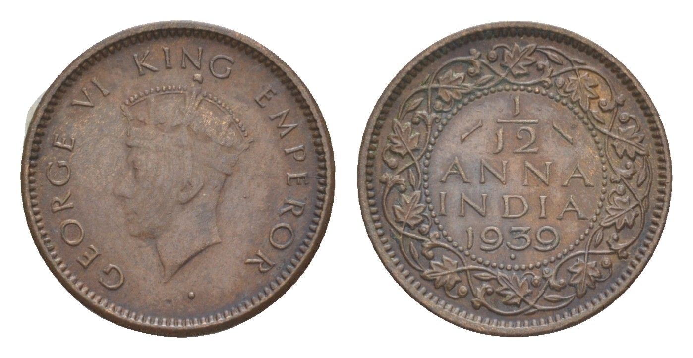 Британская Индия 1/12 анна 1939 монетный двор точка - Бомбей, Георг VI (1936-1952) KM 526 бронза 4649-327