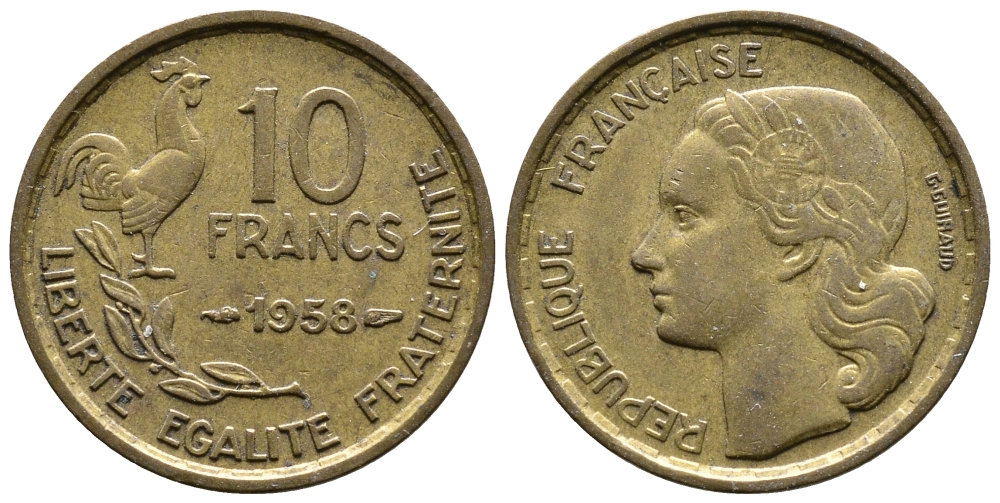 ФРАНЦИЯ 10 ФРАНКОВ 1958 KM 915.1 алюминиевая бронза 51-1117