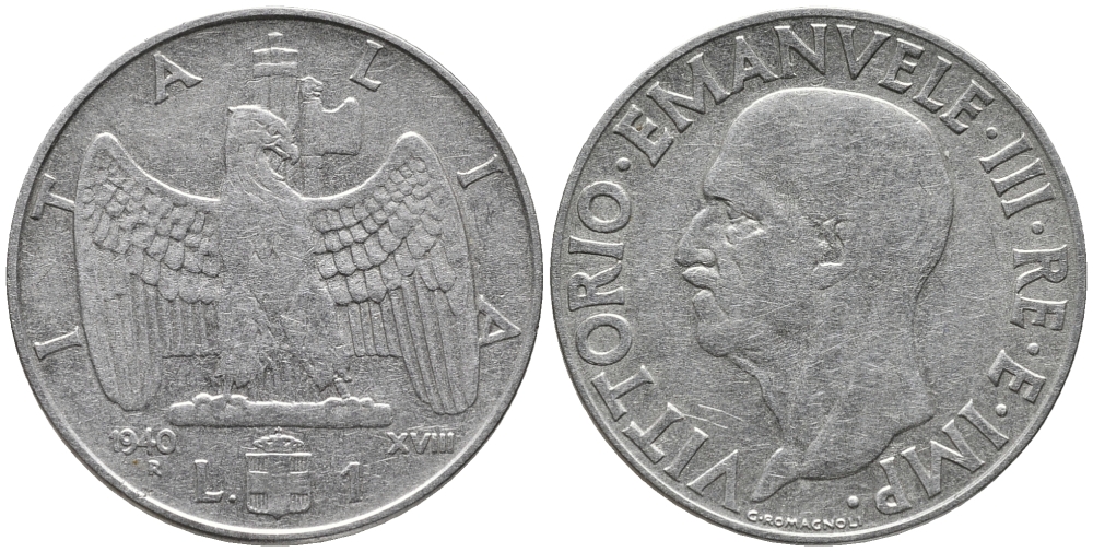 ИТАЛИЯ 1 ЛИРА 1940 R, РИФЛЕНЫЙ ГУРТ, МАГНИТНАЯ, ГОД XVIII KM 77b сталь 34-1241
