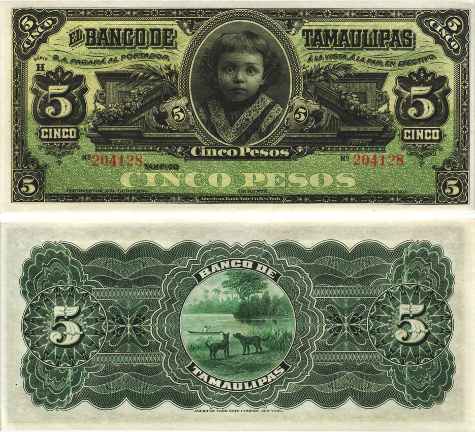 Мексика 5 песо 1902-1914 банк штата Тамаулипас, собаки Pick 429d бумага aUNC 7457-12-3