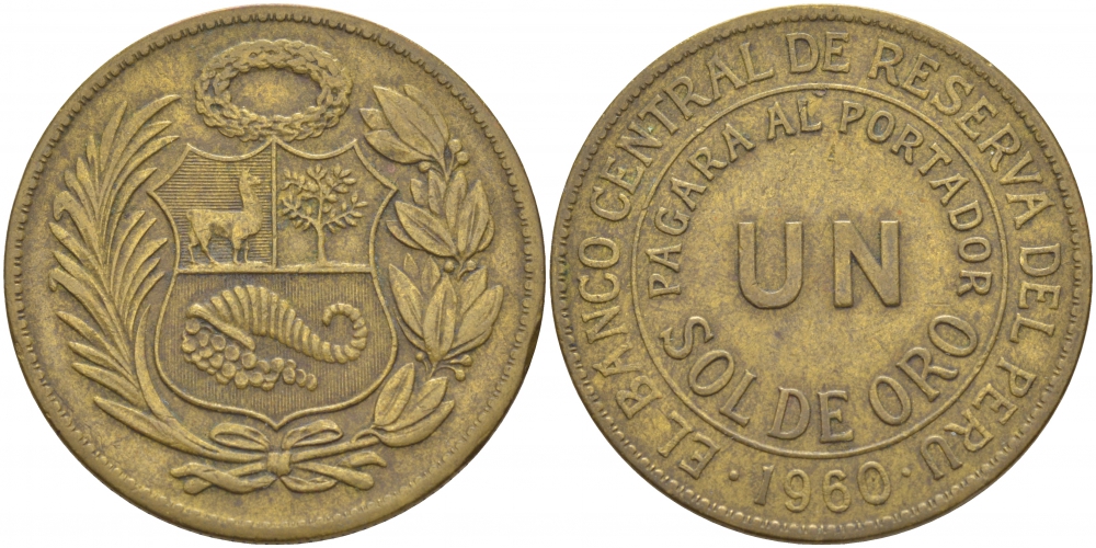 Перу 1 соль 1960 KM 222 латунь 118-1214