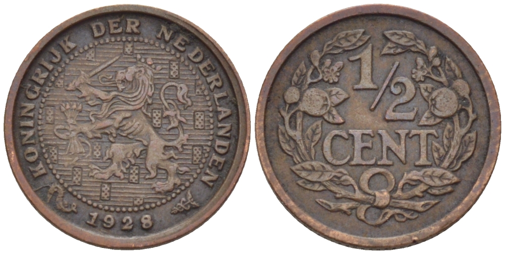 НИДЕРЛАНДЫ 1/2 ЦЕНТА 1928 ВИЛЬГЕЛЬМИНА (1890-1948) KM 138 бронза 39-219