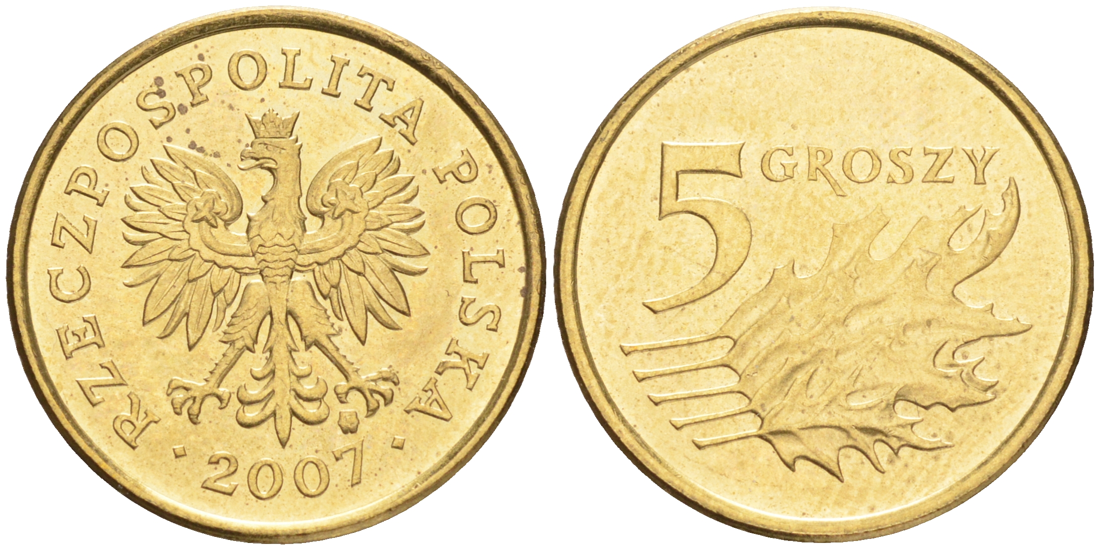 ПОЛЬША 5 ГРОШЕЙ 2007 MW KM 278 латунь UNC 4516-1244