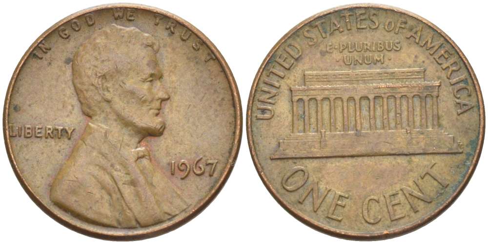 США 1 ЦЕНТ 1967 ЛИНКОЛЬН KM 201 медь цинк 216-1047