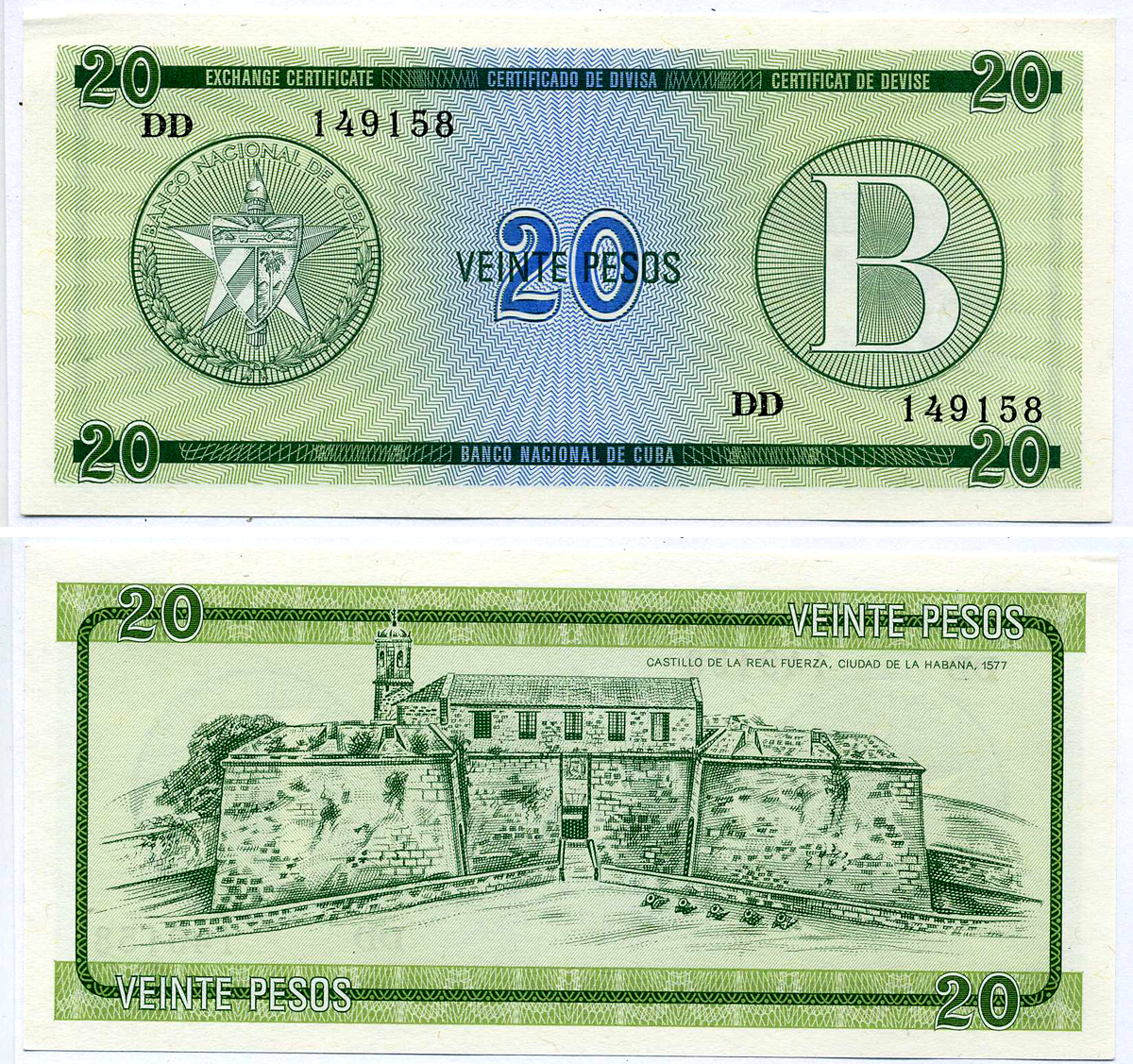 Куба, валютный сертификат 20 песо ND (1985) серия B, зеленая Pick FX 9 бумага UNC (пресс) 8589-45-4-1
