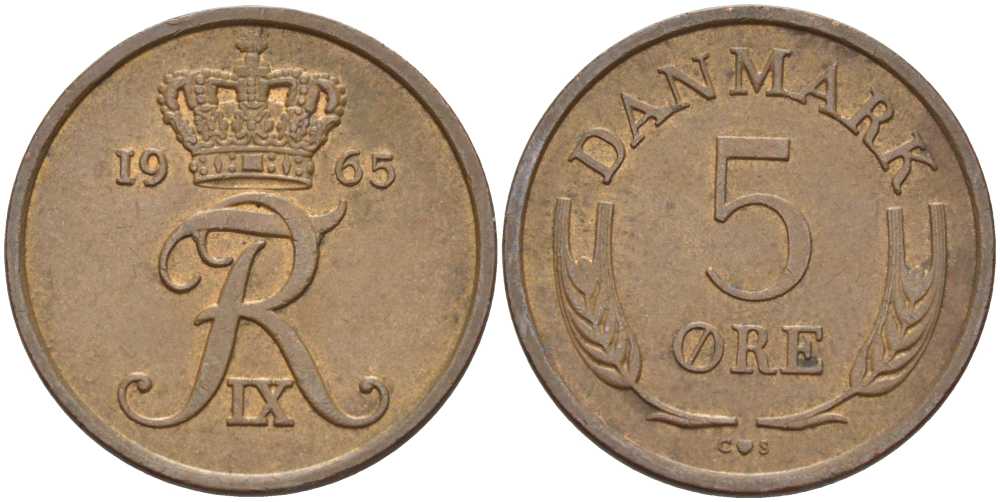 ДАНИЯ 5 ЭРЕ 1965 C; S, ФРЕДЕРИК IX (1947-1972) KM 848.1 бронза 67-751