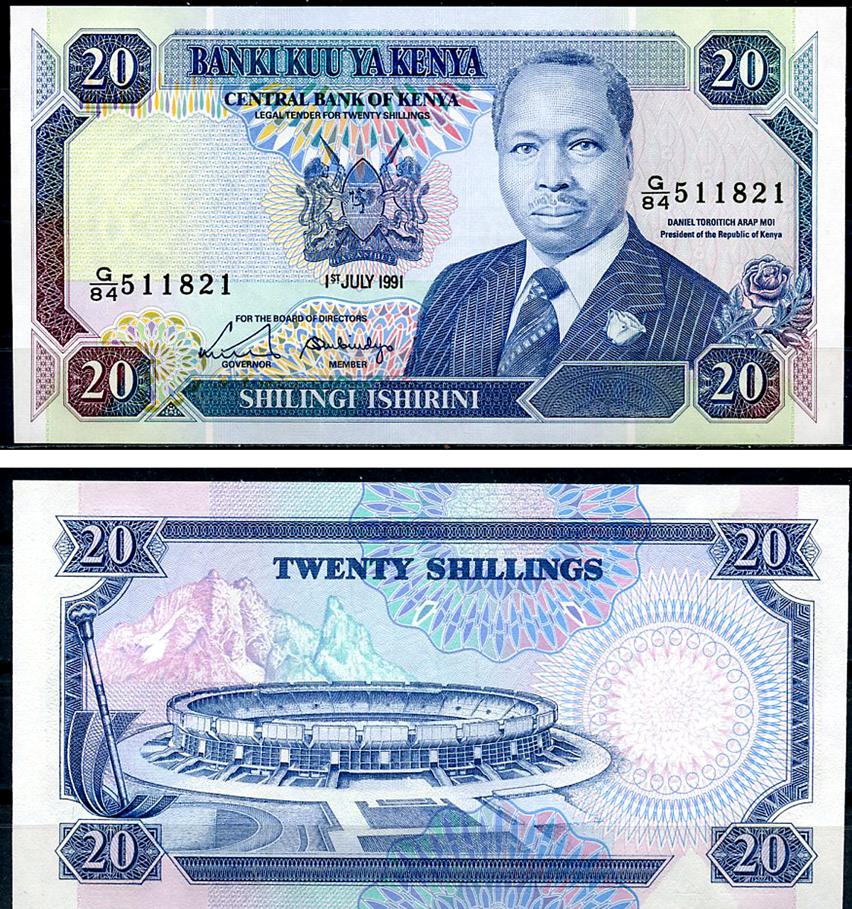Кения 20 шиллингов 1991 Даниэль арап Мои, стадион в Найроби Pick 25 d  бумага  UNC (пресс) 448-58-3