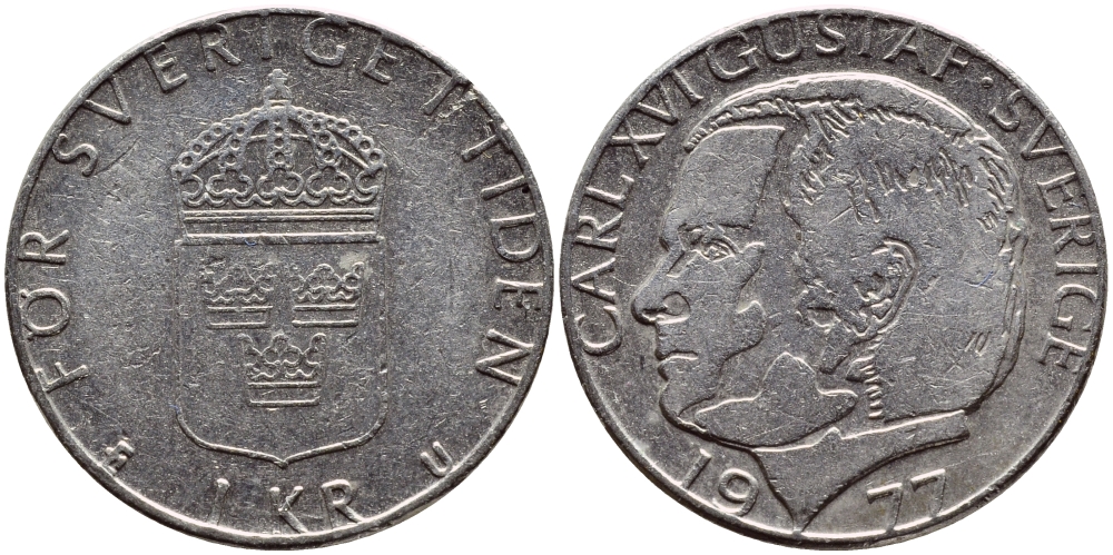 Швеция 1 крона 1977 Карл XVI Густав (1973- ) KM 852 медь плакированная медно-никелем 4397-825