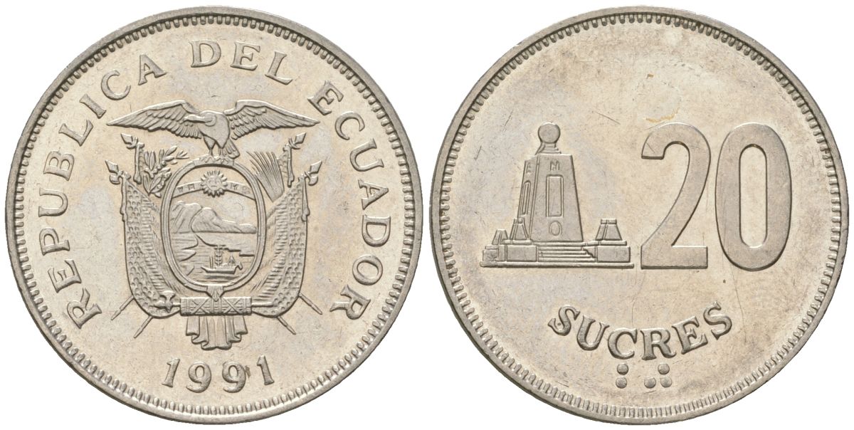 Эквадор 20 сукре 1991 KM 94 сталь плакированная никелем 4511-842