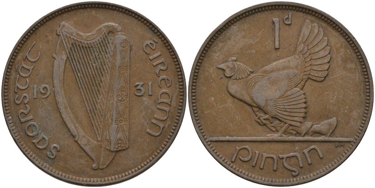 Ирландия 1 пенни 1931 курица с цыплятами KM 3 бронза 4144-1131