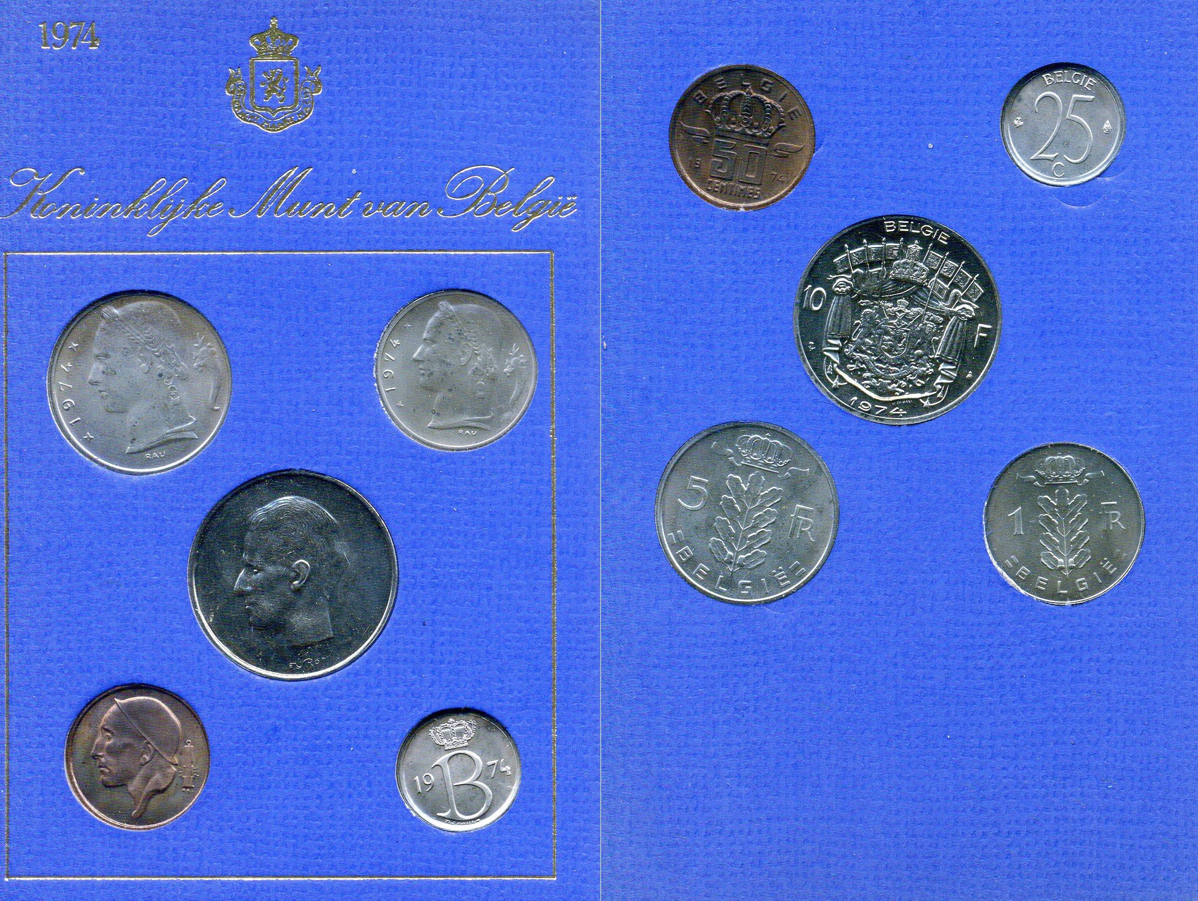 Бельгия набор из 5 монет (25 и 50 сантимов; 1, 5 и 10 франков) 1974 Belgie, в оригинальном буклете мондвора KM SS9 (135.1, 143.1, 149.1, 154.1 и 156.1) UNC 8-2-05-86