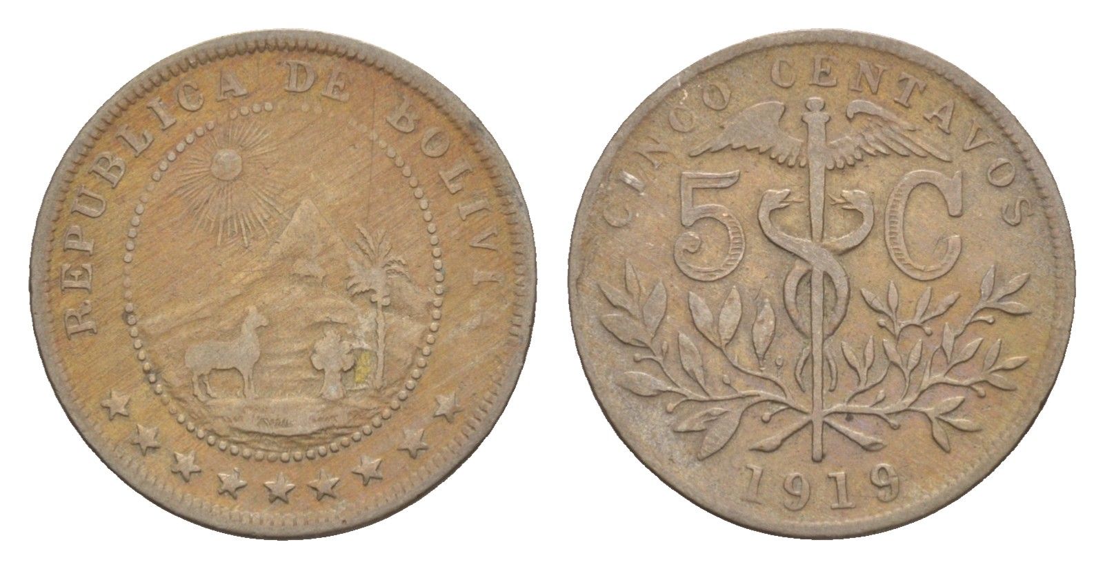 Боливия 5 сентаво 1919 KM 173 медно-никель 4655-621